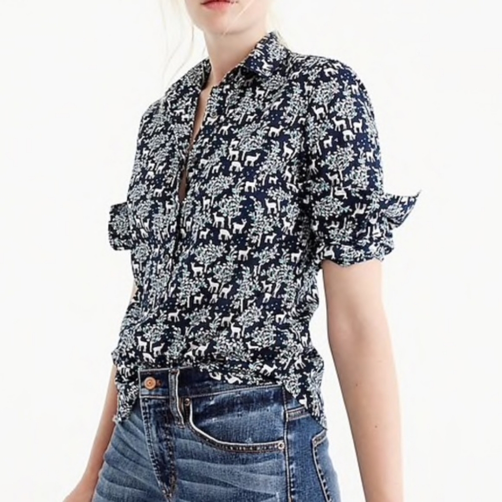2 J. Crew Navy Deer Print Popover Blouse